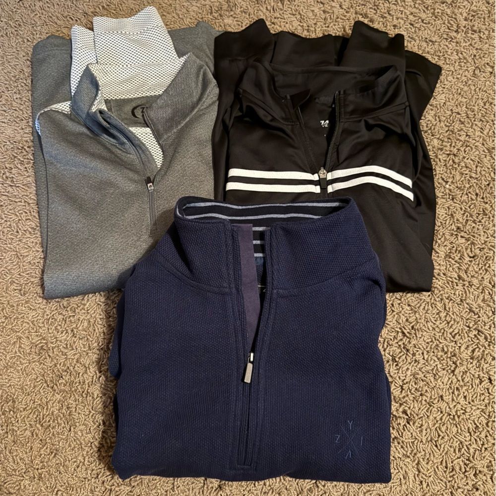 3 Men's Zyia Athletic Black gray shirts Navy Meridian 1/4 Zip Sweater LOT medium